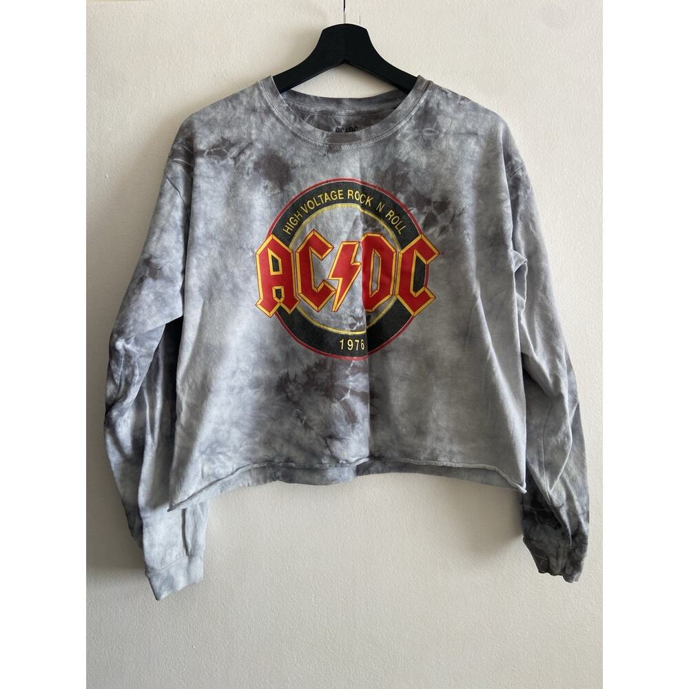 1976 ACDC Crop-Top Tie-Dye Shirt Women's L Baggy High-Voltage Long Sleeve Gray